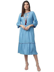 Blue Embroidered Rayon Slub Women's Dress