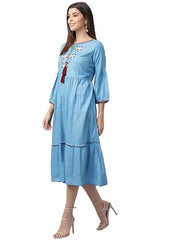 Blue Embroidered Rayon Slub Women's Dress