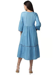 Blue Embroidered Rayon Slub Women's Dress