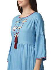 Blue Embroidered Rayon Slub Women's Dress