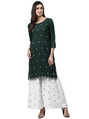 Green Women Rayon Printed Straight Kurta With Sharara