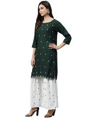 Green Women Rayon Printed Straight Kurta With Sharara