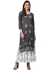 Grey Women Rayon Printed Straight Kurta With Sharara