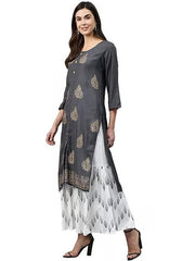 Grey Women Rayon Printed Straight Kurta With Sharara