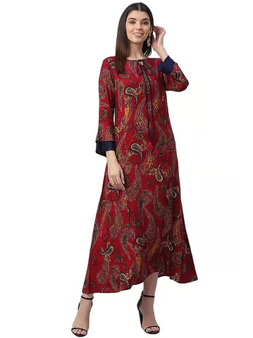 Maroon Printed Rayon Women's Dress