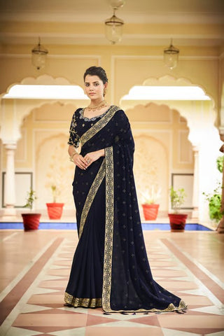 Navy Blue Color Sequined Swarovski Saree