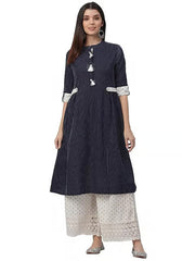 Navy Blue Printed Dobby Kurta With Palazzo