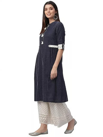 Navy Blue Printed Dobby Kurta With Palazzo