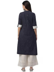 Navy Blue Printed Dobby Kurta With Palazzo