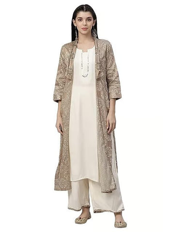 Off White Printed Jamdani Silk Shrug, Rayon Kurta And Palazzo Set