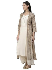 Off White Printed Jamdani Silk Shrug, Rayon Kurta And Palazzo Set