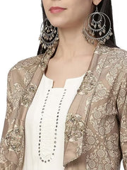 Off White Printed Jamdani Silk Shrug, Rayon Kurta And Palazzo Set