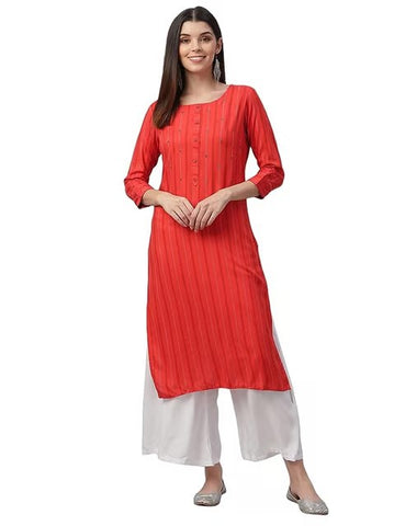 Printed & Handwork Rayon Women's Kurta (Orange)