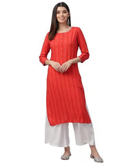 Printed & Handwork Rayon Women's Kurta (Orange)