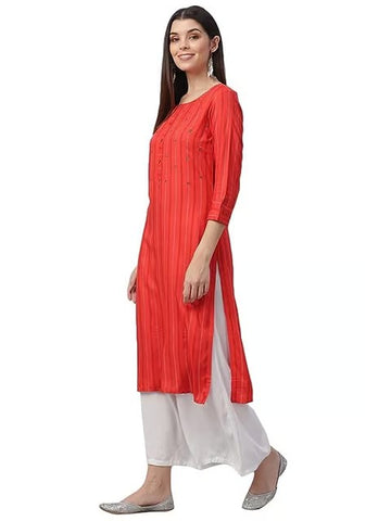 Printed & Handwork Rayon Women's Kurta (Orange)